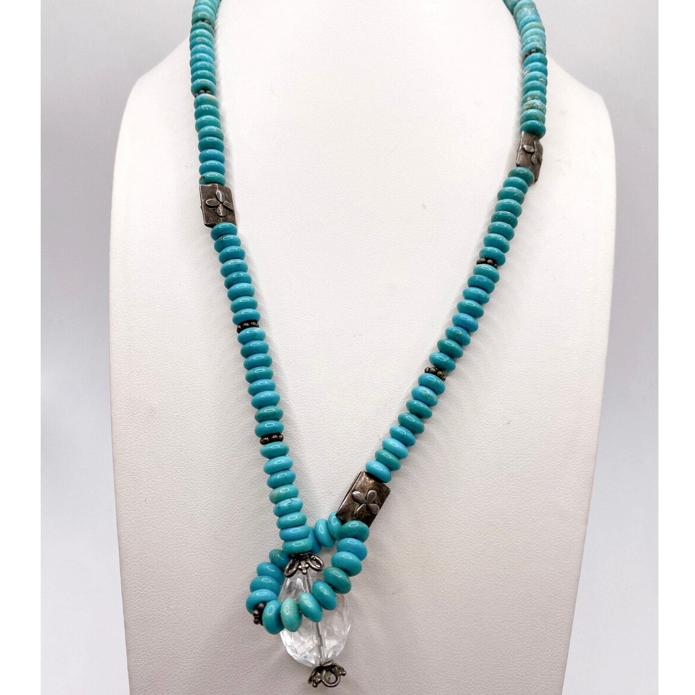 Vntg Turquoise and Sterling Silver Necklace 17” with Faceted Quartz Bead Pendant