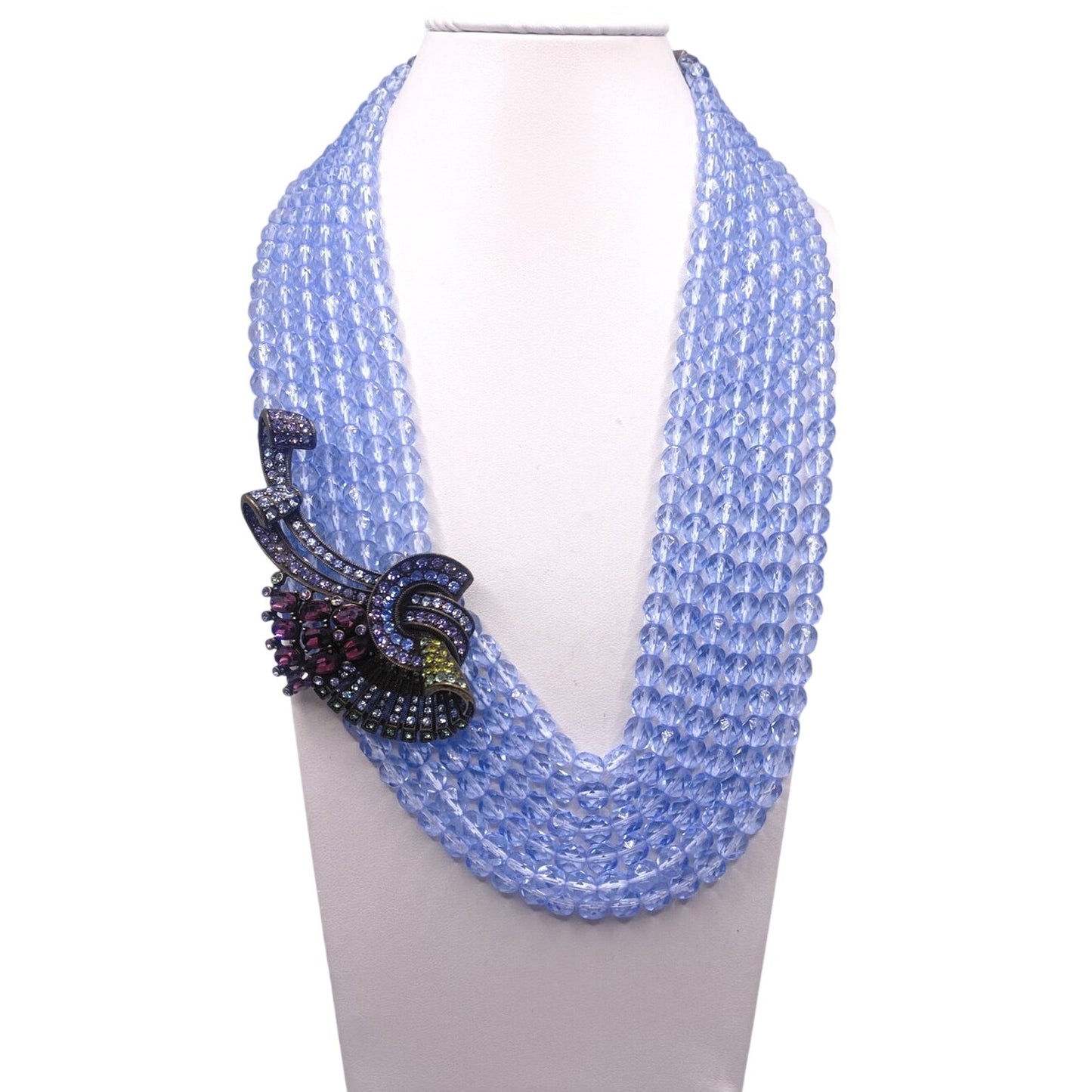 Heidi Daus Signed Sapphire Blue Glass Vintage Multistrand Necklace 16”
