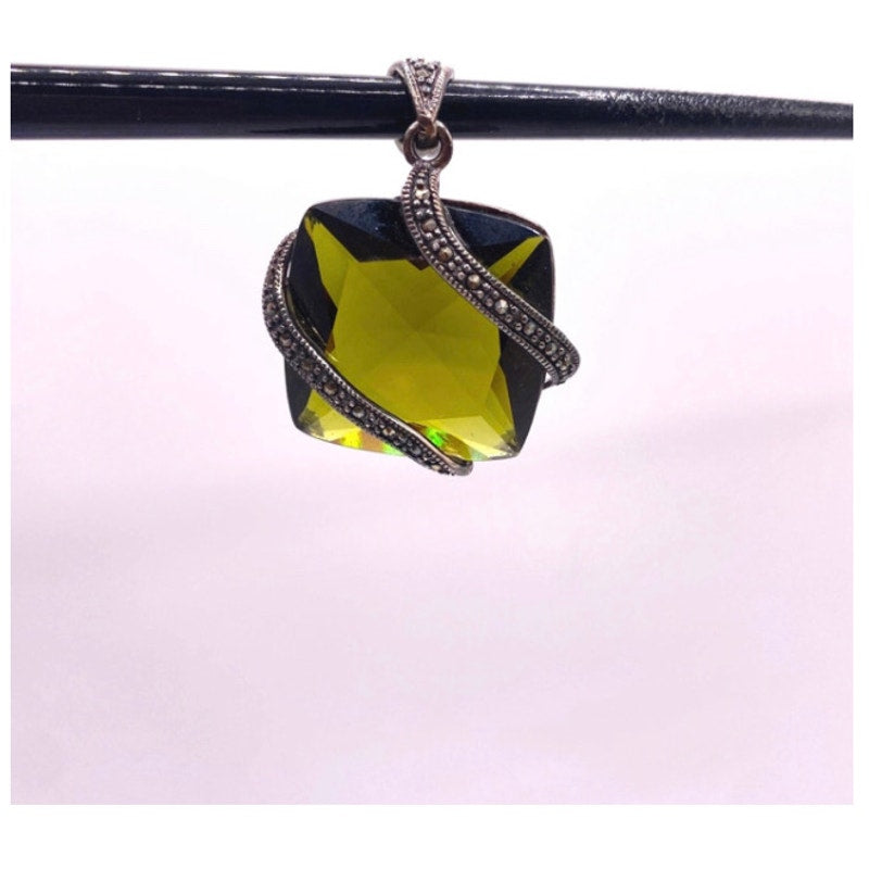 Sterling Silver Long Necklace 28” Simulated Green Tourmaline Stone and Marcasites