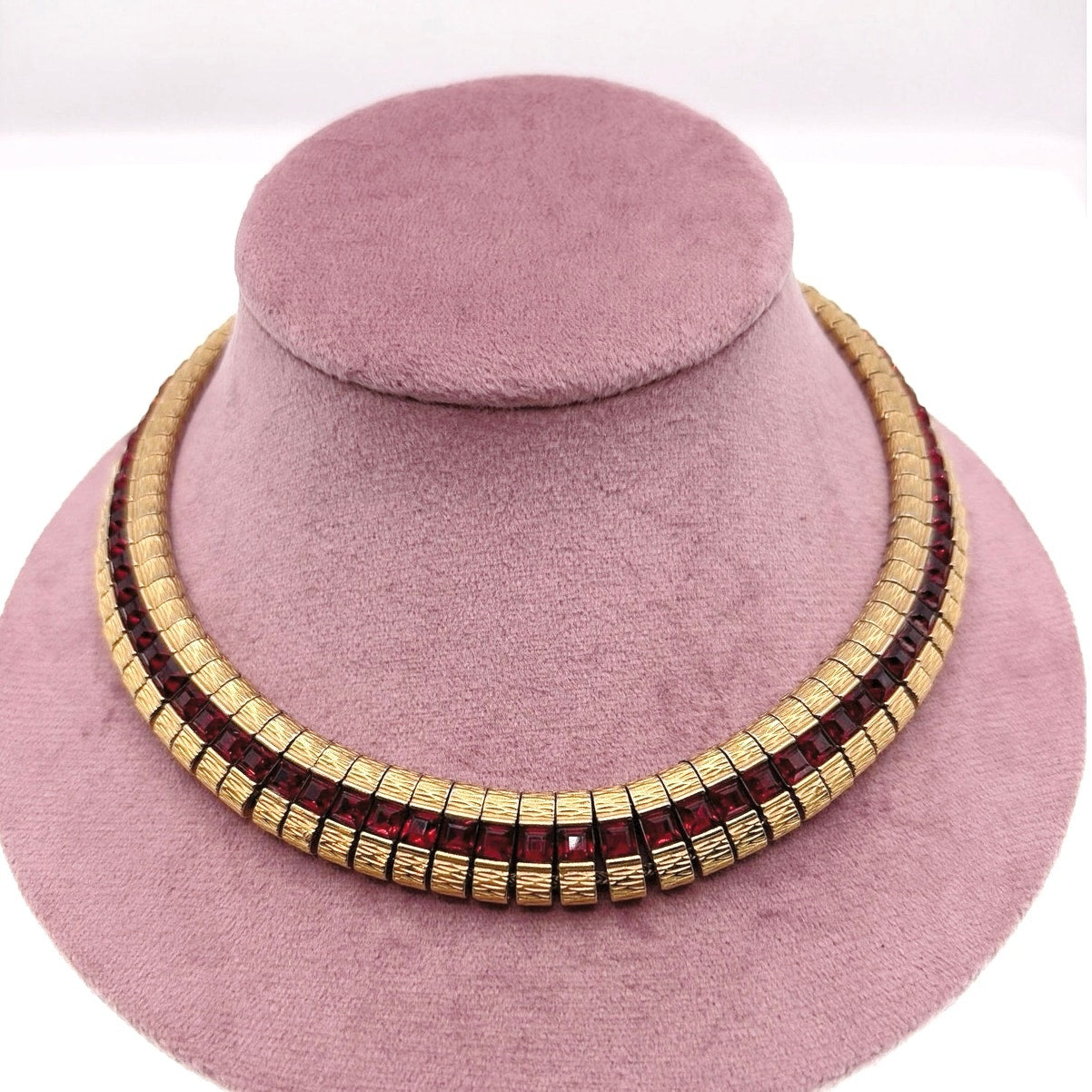 Ciner Signed Red Square Rhinestones Collar Necklace 16”