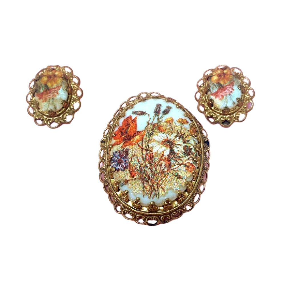 Western Germany Sugar Glass Brooch and Clip On Earrings Set