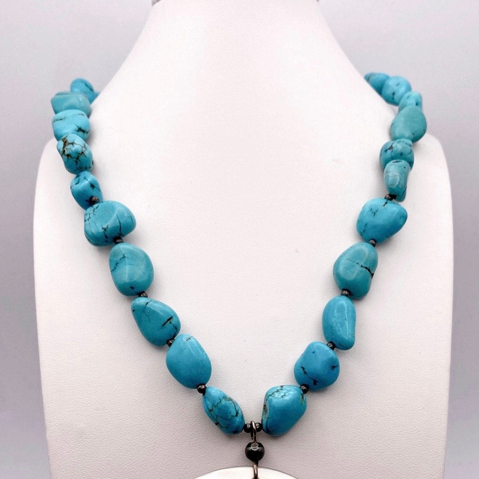 Turquoise and Sterling Silver Vintage 16" Necklace with Large Shell Pendant 2"