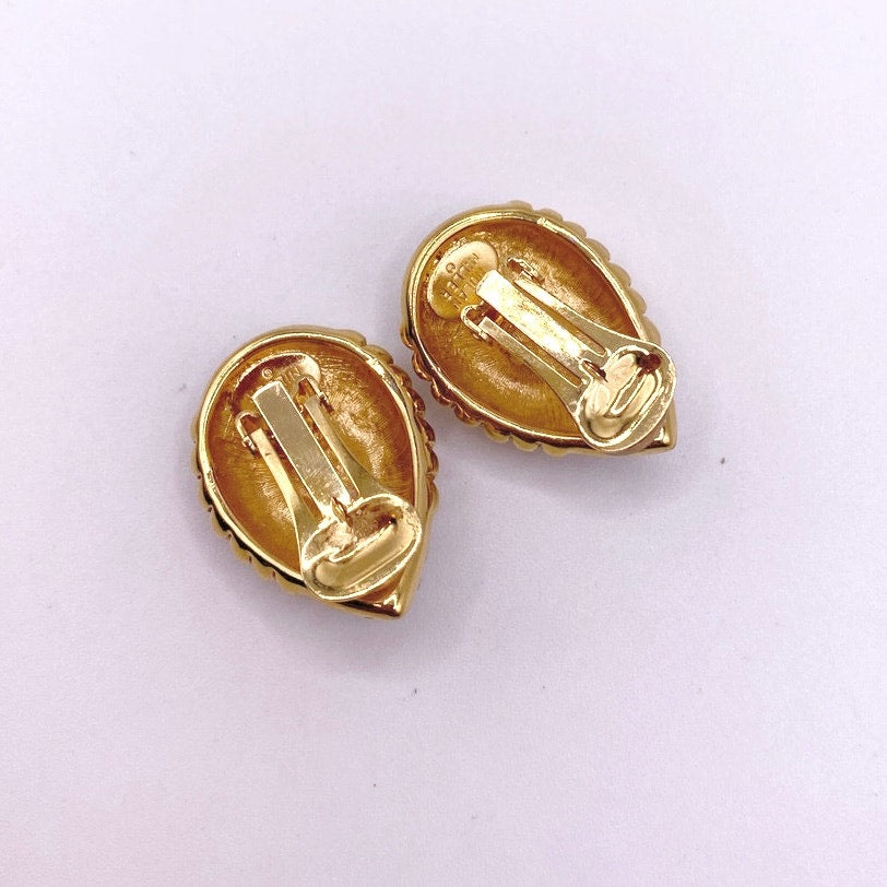 Nolan Miller Vintage Clip On Earrings Gold Tone and Rhinestones White and Blue