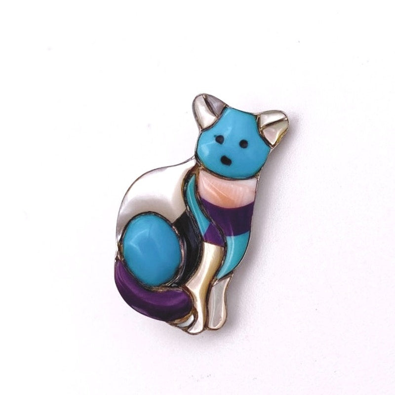 Native American Western Sterling Silver Cat Small Brooch Inlaid Gemstones