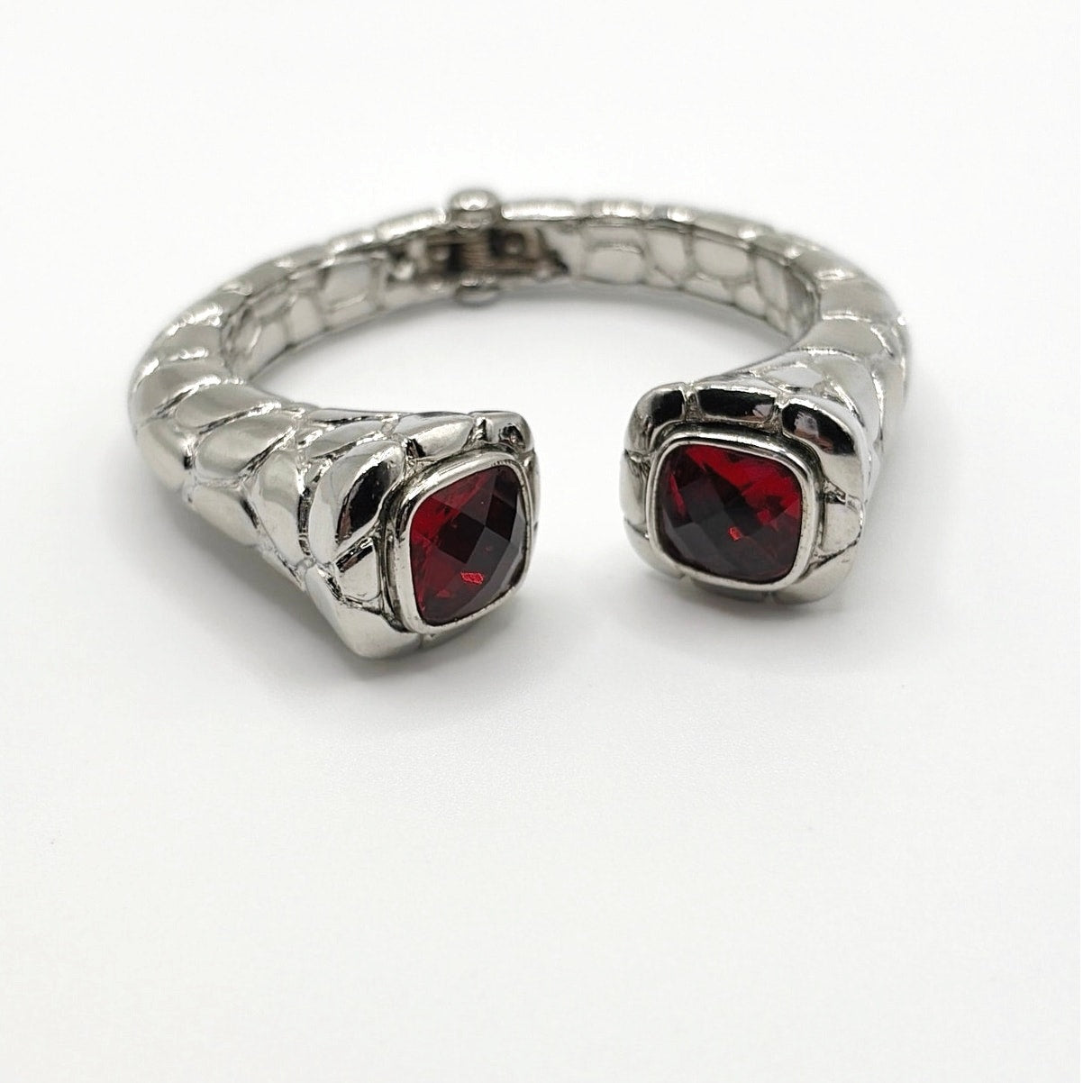 Vintage Silver Tone and Red Glass Rhinestones Open Cuff Bracelet Size 7