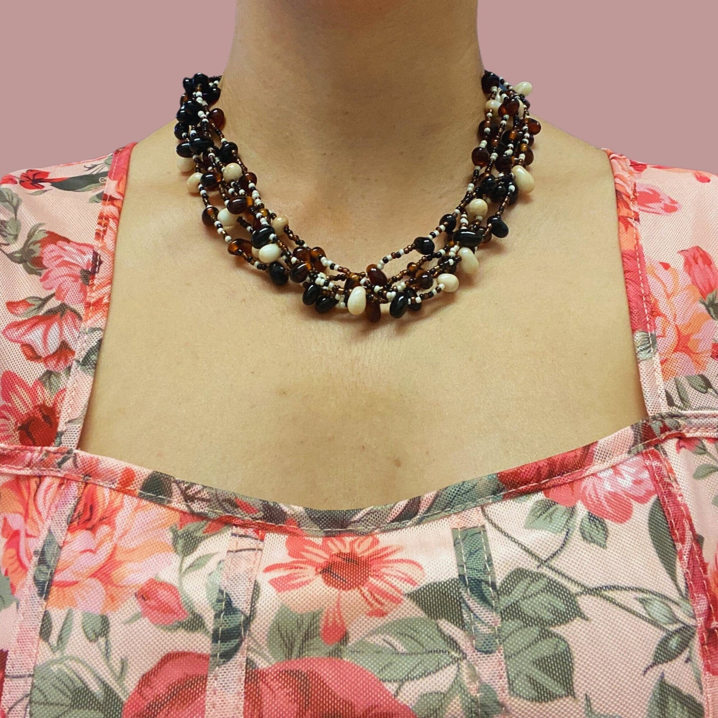 Vintage Brown and White Glass Beads Necklace