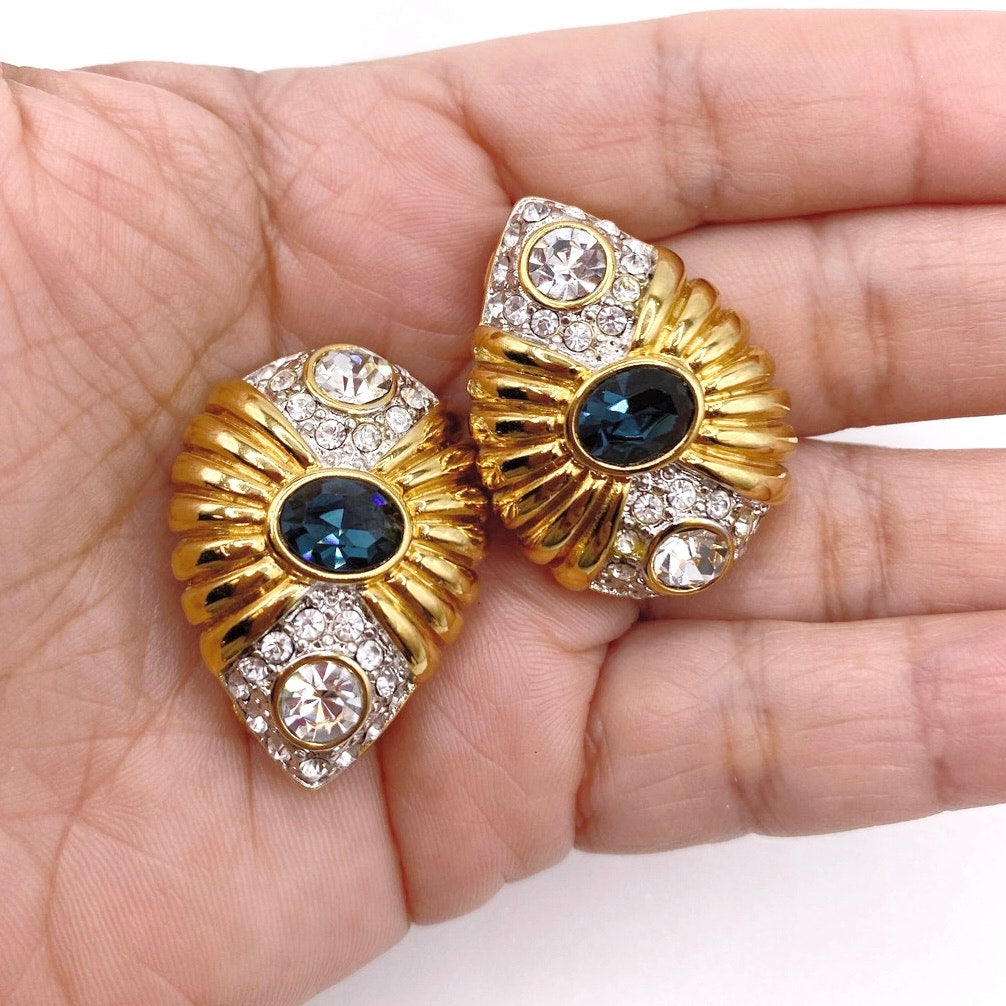 Nolan Miller Vintage Clip On Earrings Gold Tone and Rhinestones White and Blue