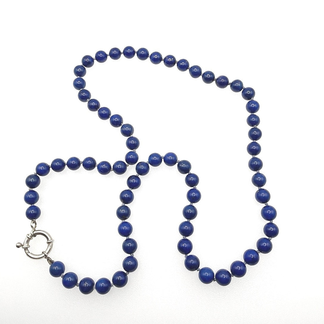 Lapis Lazuli 6mm Knotted Beaded Necklace with Sterling Silver Closure 22”