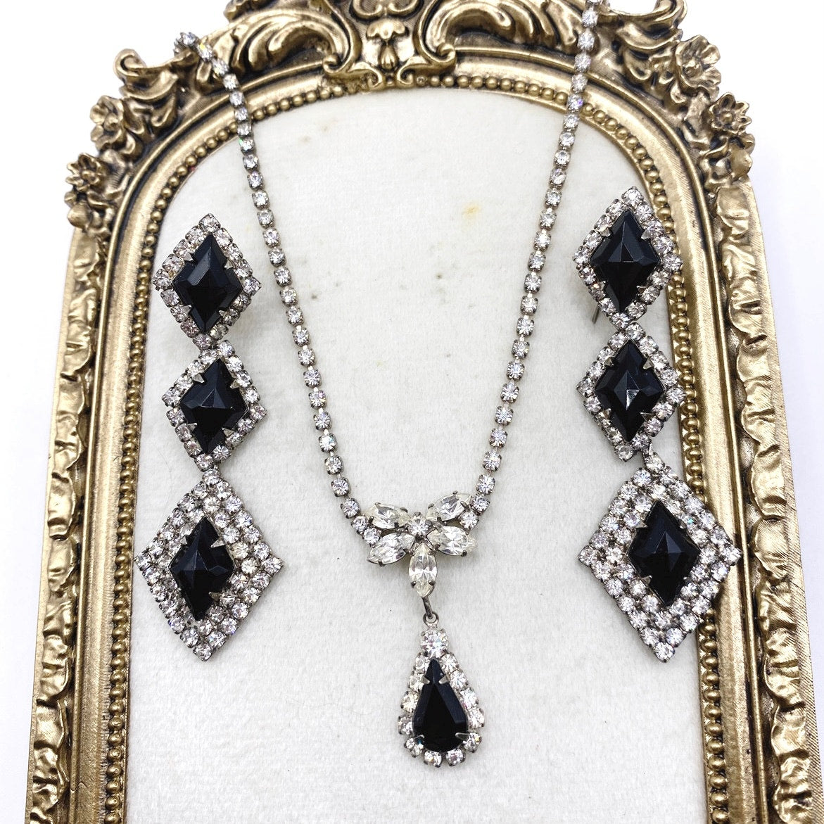 Vintage Black and White Rhinestones Clip on Earrings and Necklace