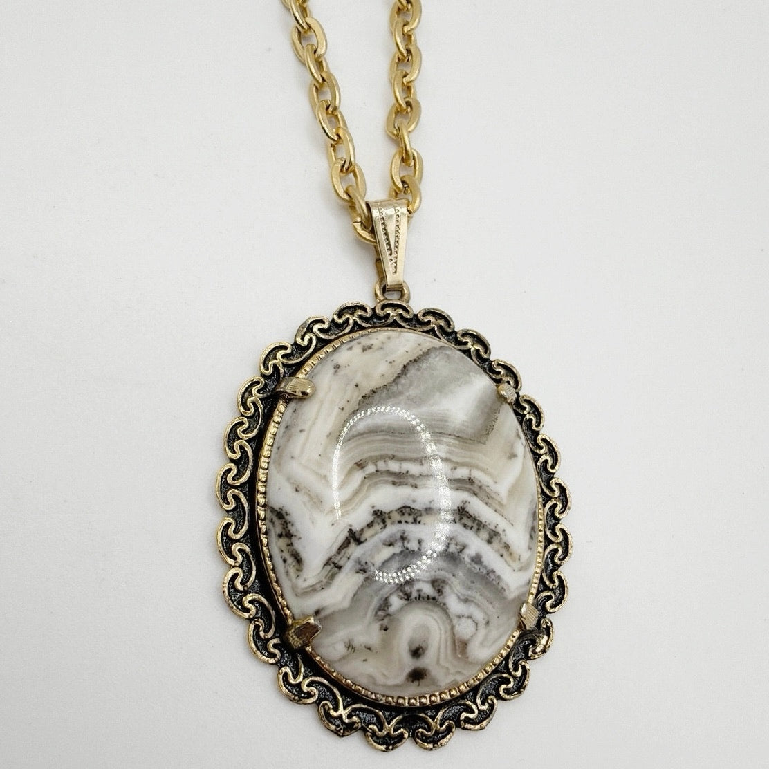 Vintage Necklace Agate Stone Pendant 24”