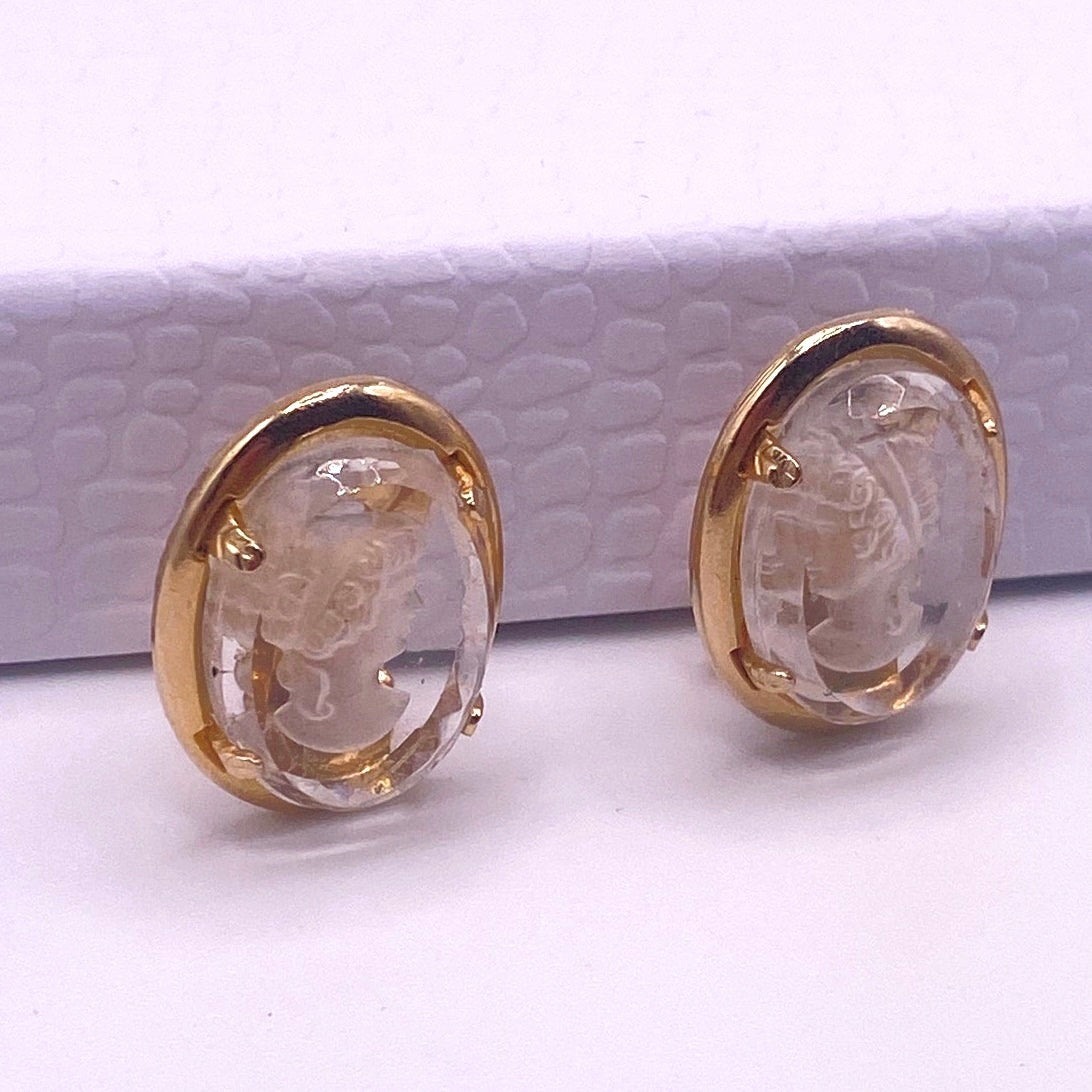 Warner Vintage Clip On Earrings Glass Intaglio Reverse Cameo