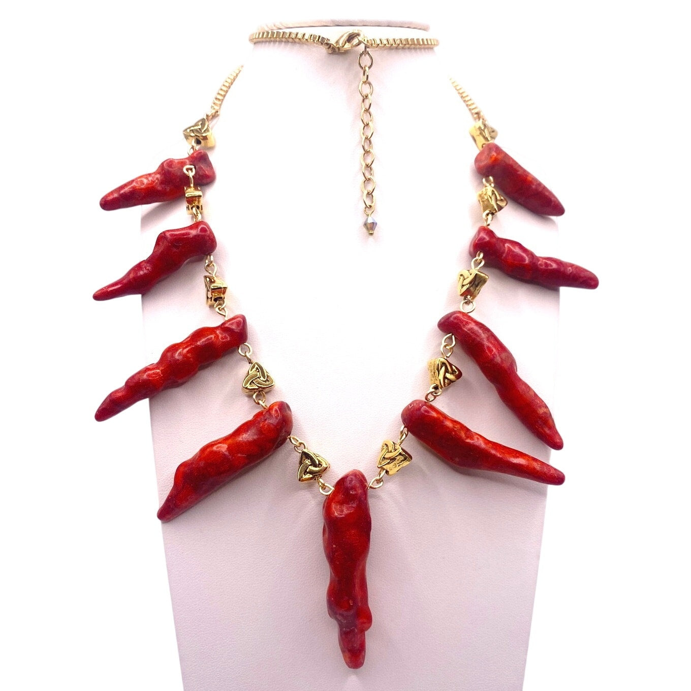 Red Coral Horns Charms Necklace 22”