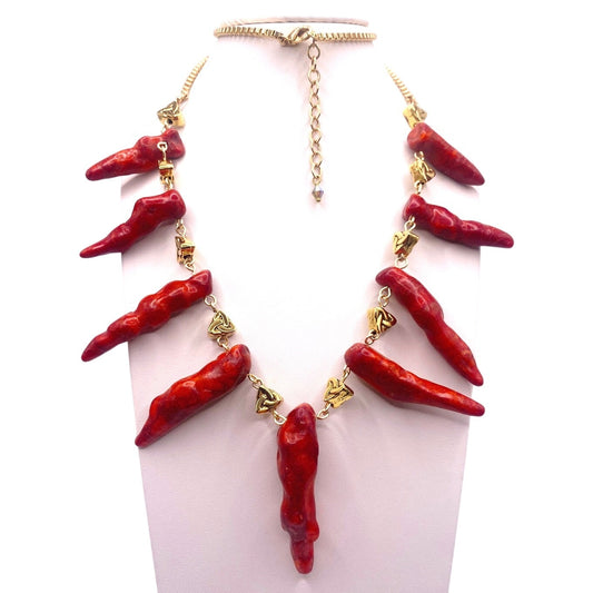 Red Coral Horns Charms Necklace 22”