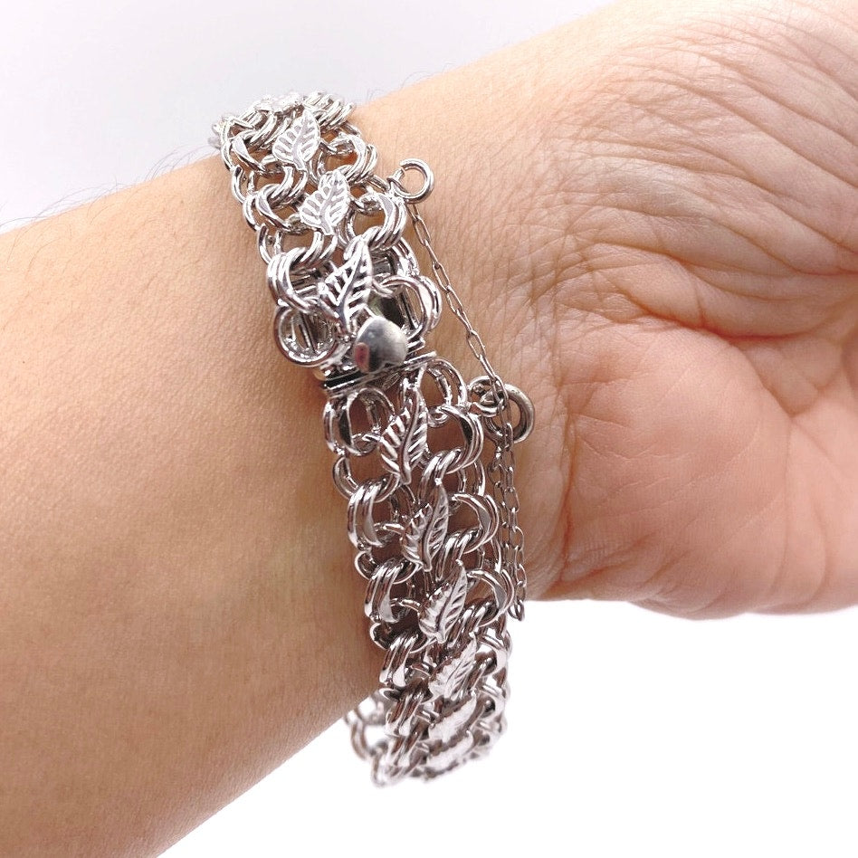 Vintage Sterling Forstner Bracelet 925 With Safety Chain and Leafs Motifs 6.5”