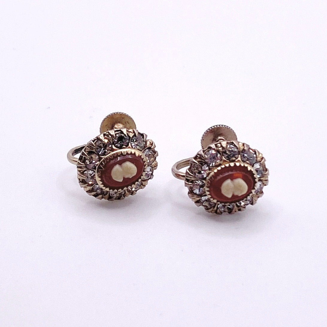 Vintage Screw Back Resin Cameo and Rhinestones Gold Tone