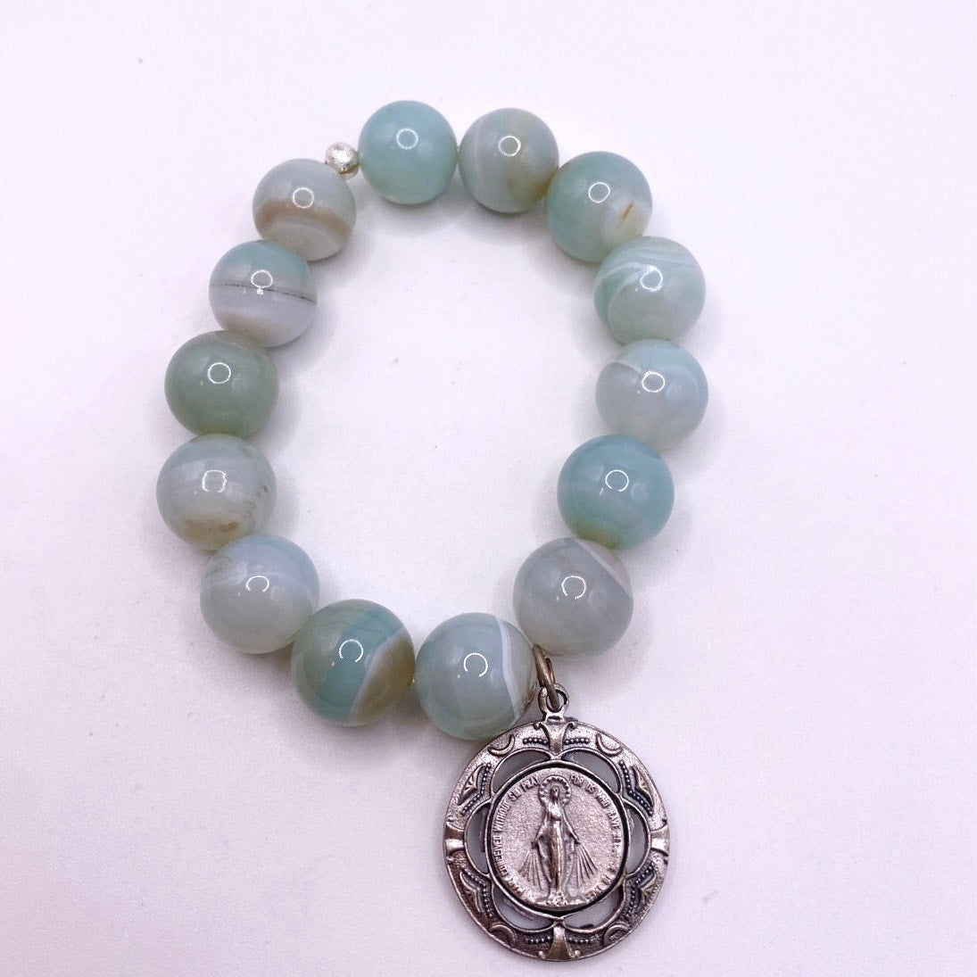 Miraculous Virgin Mary Medal and Caribbean Green Agate Stretchy Bracelet 7”