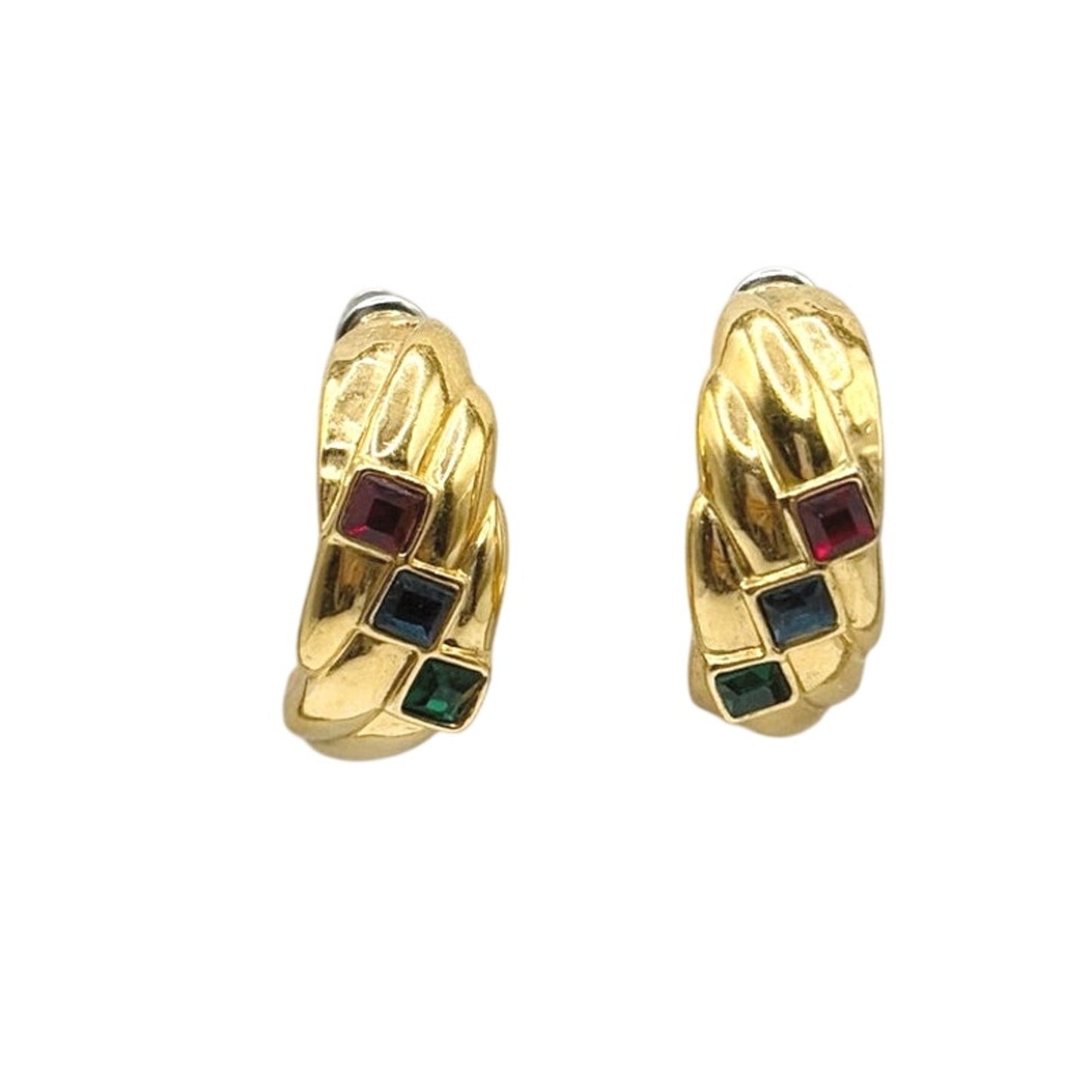 Gold Tone Retro Half Hoop Earrings and Colorful Rhinestones
