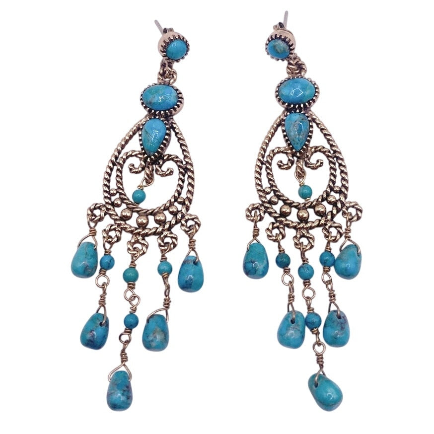 Barse Vintage Gold Filled And Turquoise Chandelier Dangling Studs Earrings 3”