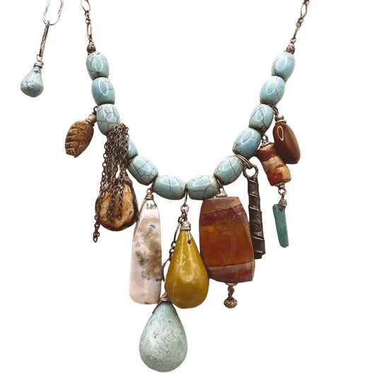 Vintage Artesian Sterling Silver and Turquoise with Mixed Gemstones Necklace