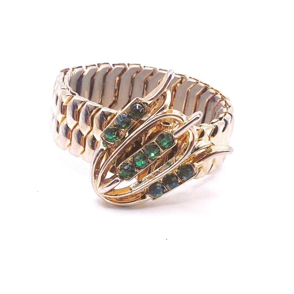 Vintage Stretchy Bracelet Gold Tone and Green Rhinestones Made in Japan Occupied