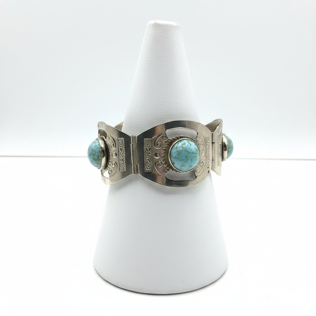 Hecho en Mexico Sterling Silver And Faux Turquoise Vintage Hinged Bracelet 7”