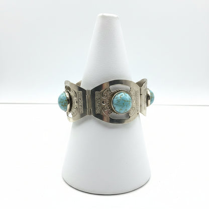 Hecho en Mexico Sterling Silver And Faux Turquoise Vintage Hinged Bracelet 7”