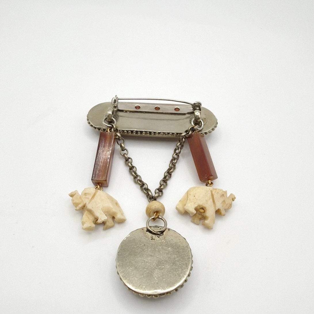 Vintage Silver Tone Metal Carved Animals on Large Bar Pin Brooch