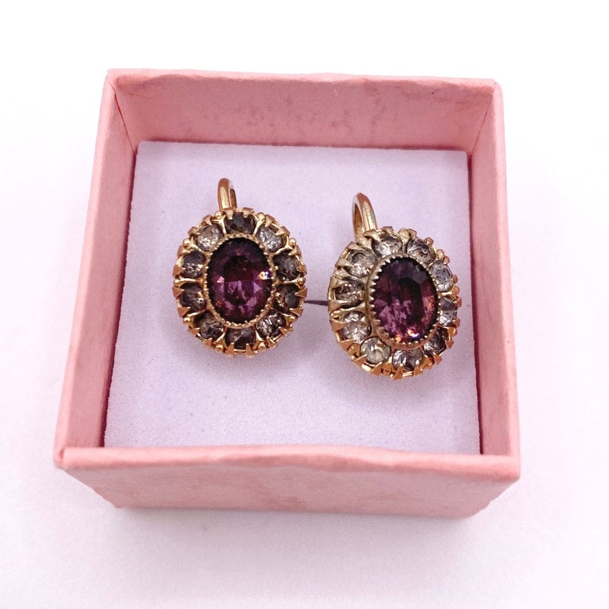 Vntg Gold Filled Screw Back Earrings Edwardian Revival With Purple Rhinestones