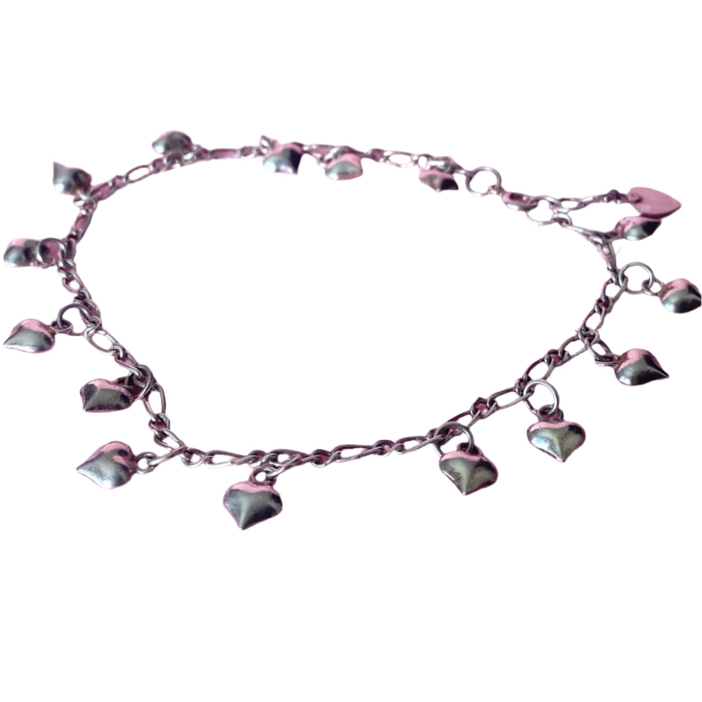 Sterling Silver Puffy Hearts Charms Anklet 9.5"