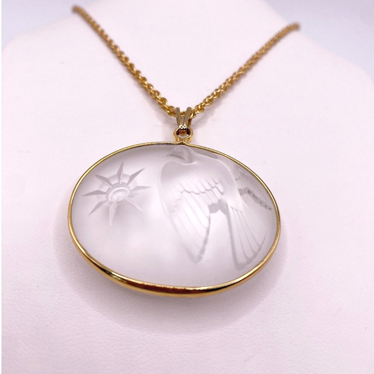 Nina Ricci Lalique Frosted Glass Peace Dove with Star Pendant Necklace Gold Tone