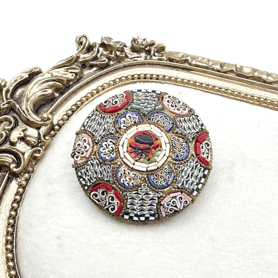 Micro Mosaic Vintage Floral Italian Brooch 1.5” Signed on Brass