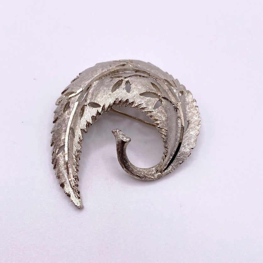 Vintage BSK Brooch Silver Tone Swirling Leaf