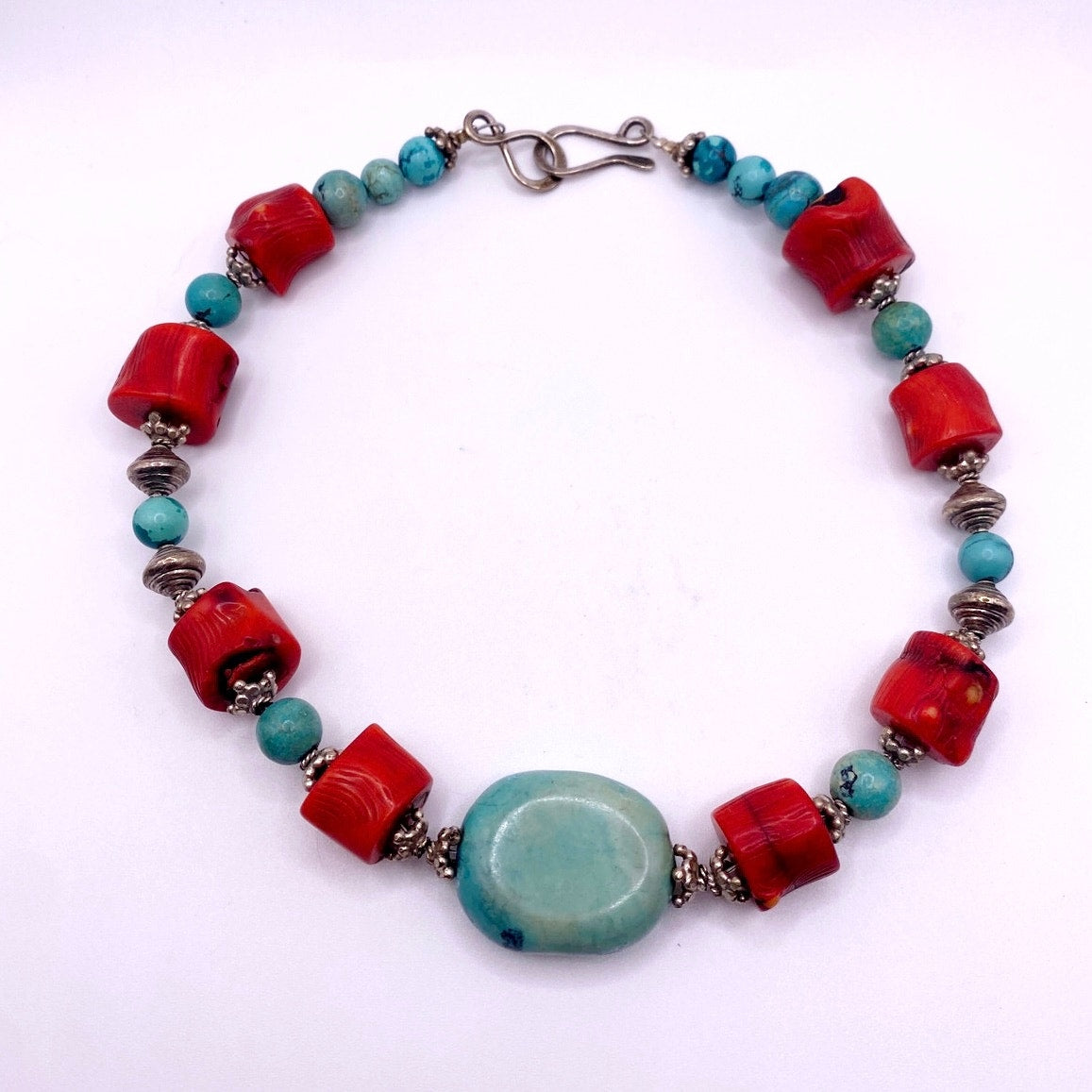 Sterling Silver Turquoise and Red Coral Choker Necklace 15”