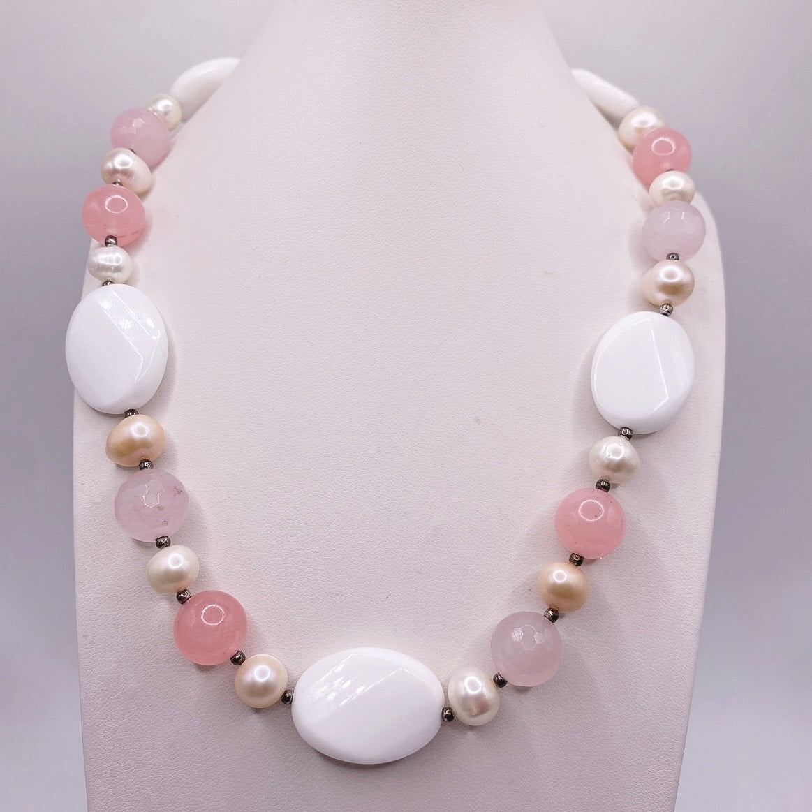 Vintage Handmade Necklace Rose Quartz and White Calcedony 16”