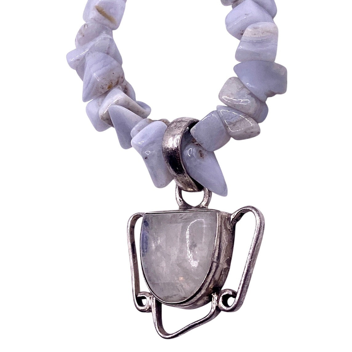 Vintage Blue Lace Agate and Sterling Silver Necklace with Moonstone Pendant