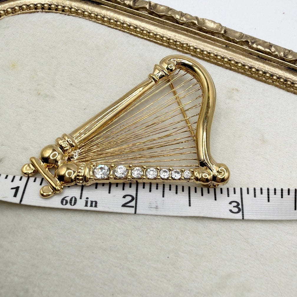 Vintage Harp Brooch Gold Tone 2”