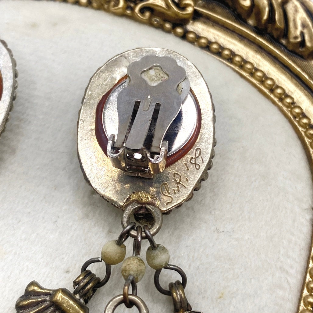 Vintage Dangling Brass Filigree Clip on Earrings and Bone Carved Cabochons 2"