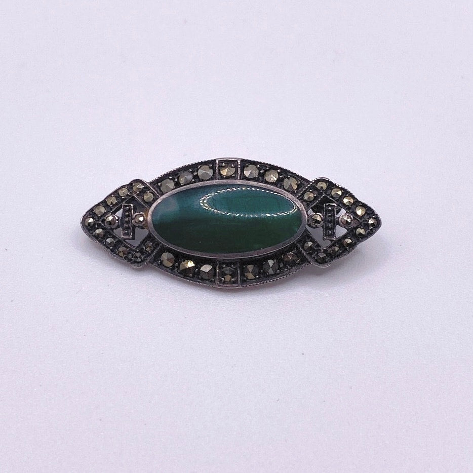 Art Deco Sterling Silver and Green Agate Brooch With Marcasite
