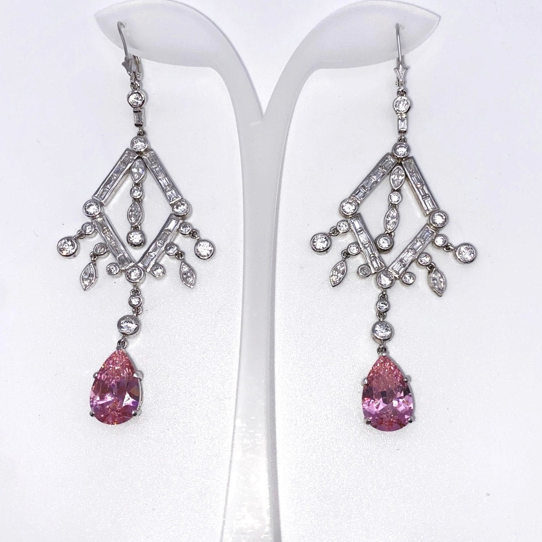 Chandelier Dangling Drop Earrings Silver and Rhodium Plated with CZ Crystals 3”
