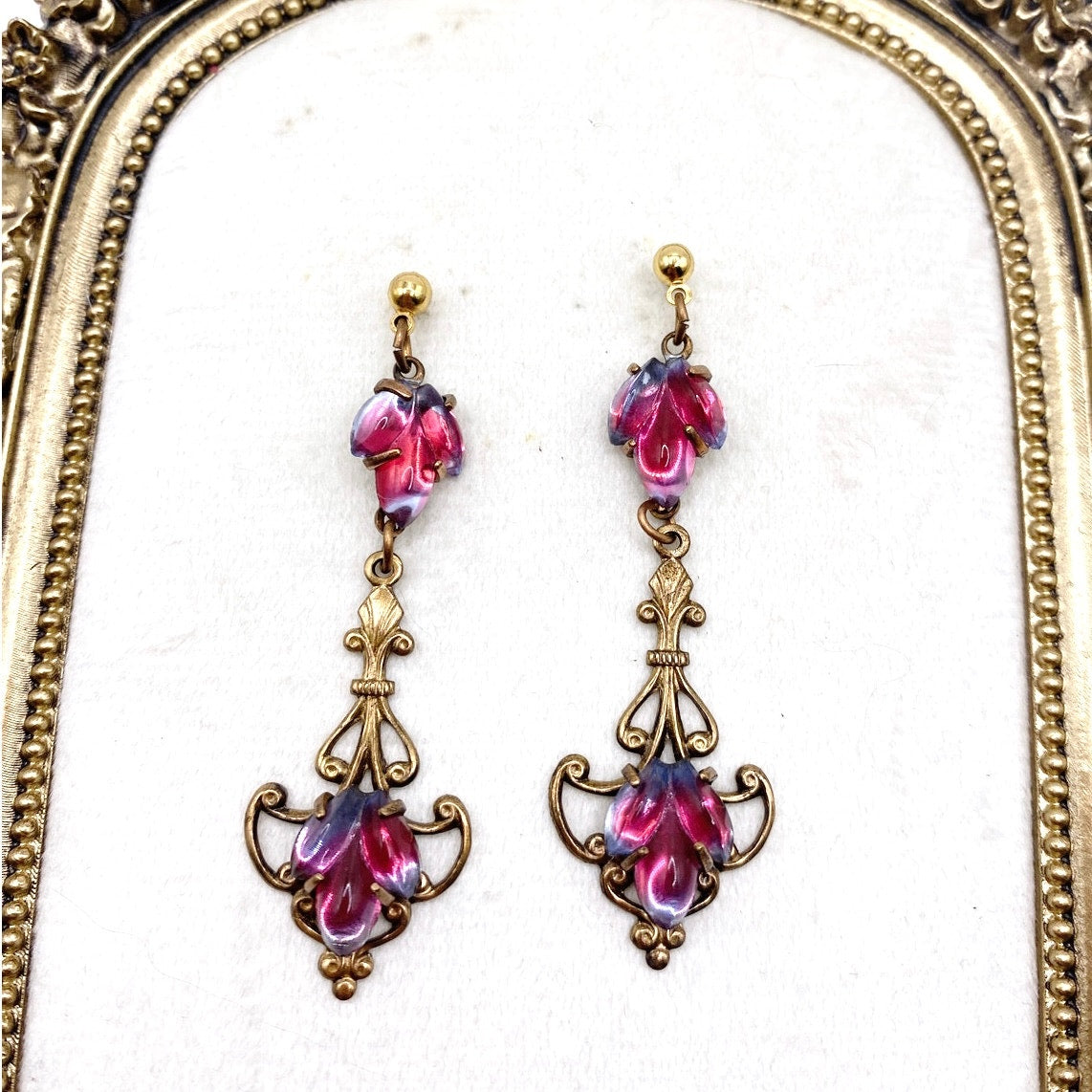 Vintage Filigree Brass Dangling Earrings Pink and Purple Glass Stones