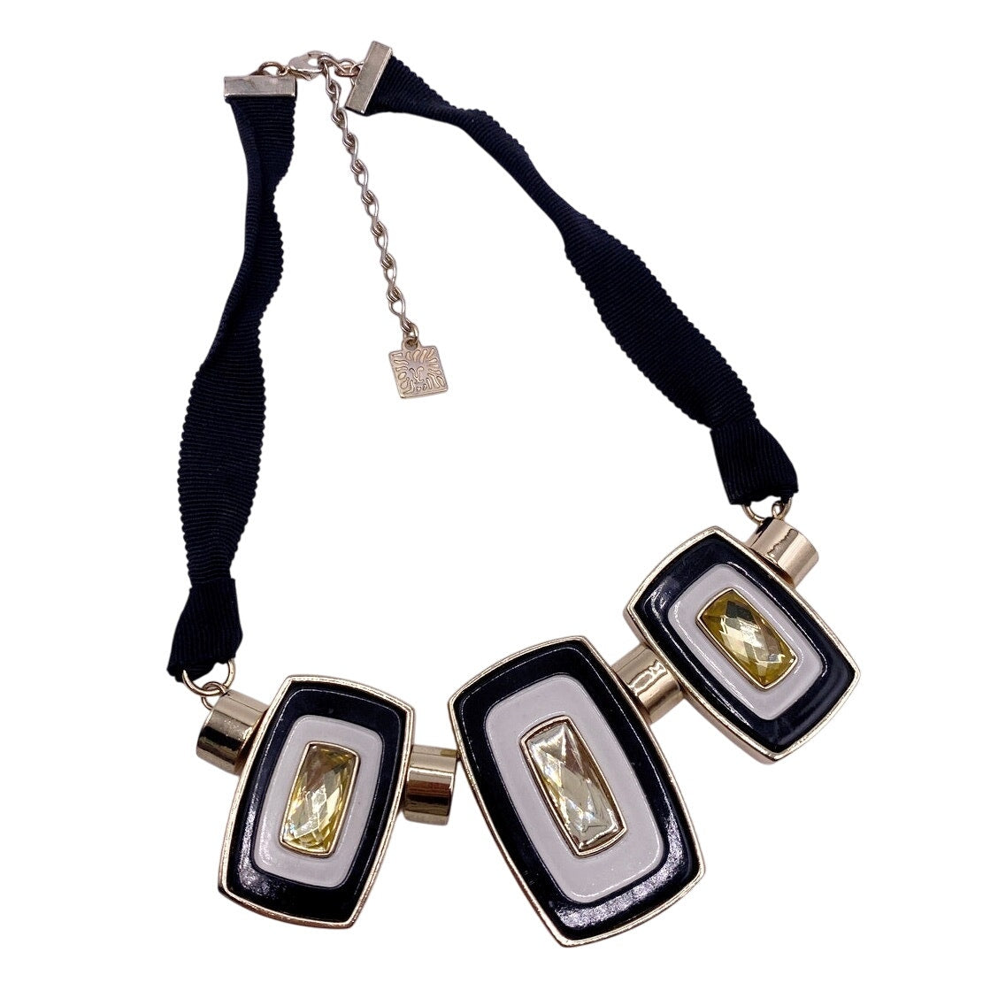 Anne Klein Signed Vintage Ribbon Necklace Black and Gold Toned