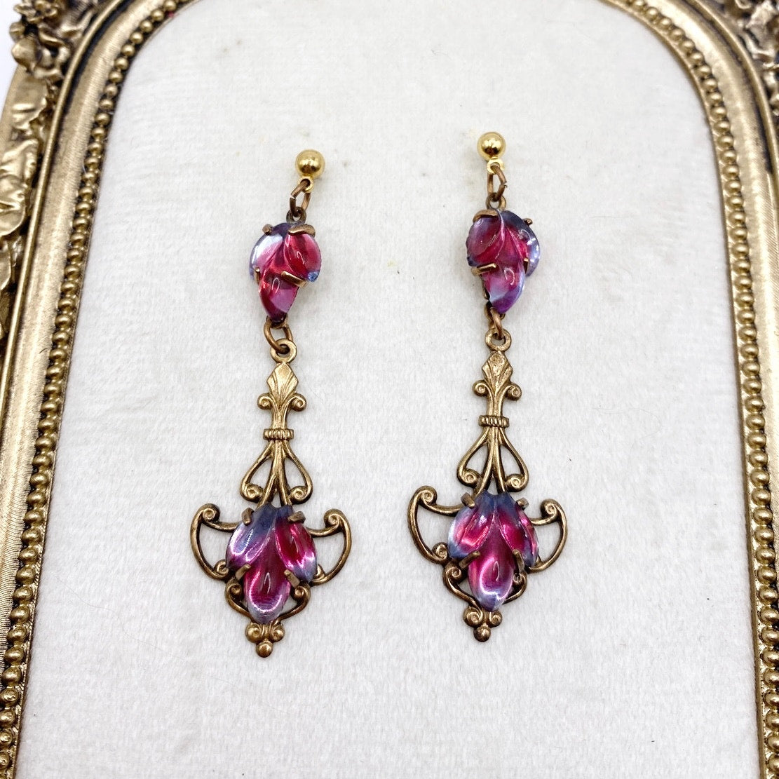 Vintage Filigree Brass Dangling Earrings Pink and Purple Glass Stones
