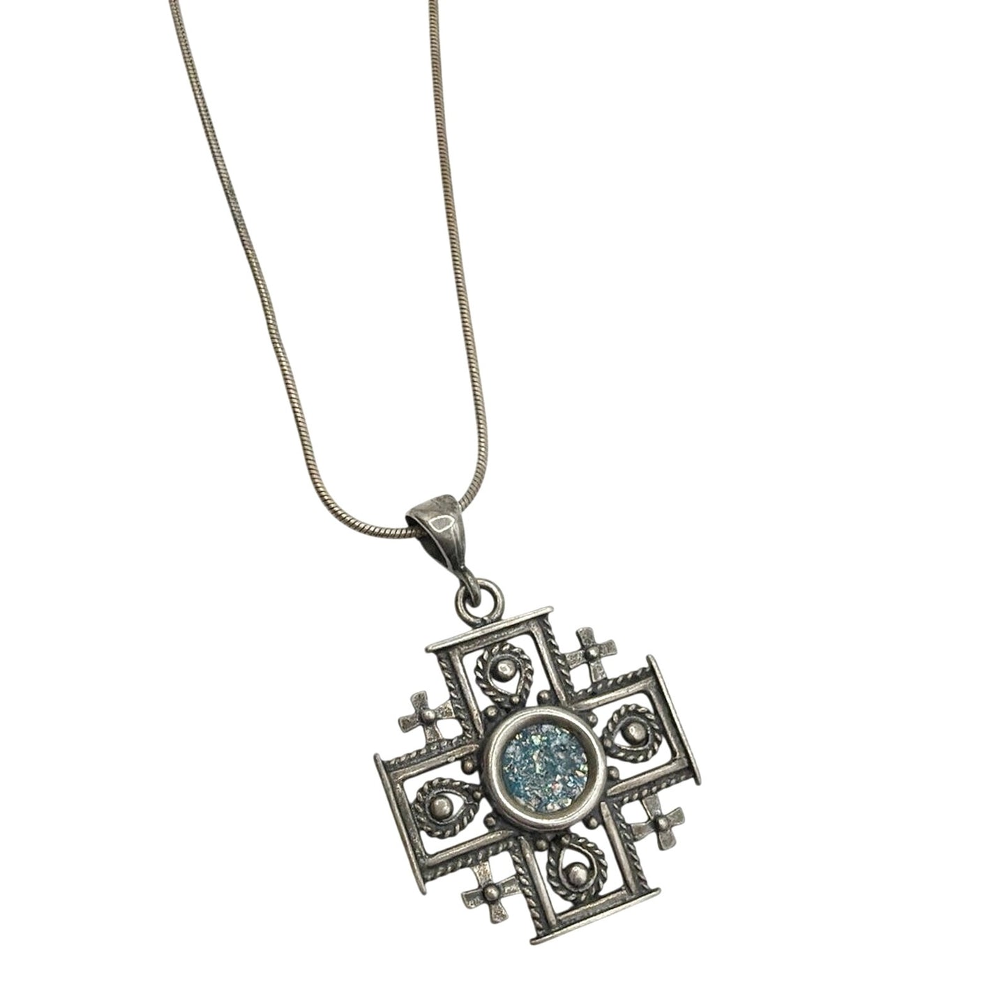 Ancient Roman Glass 925 Sterling Silver Necklace with Pendant and Jerusalem Cross