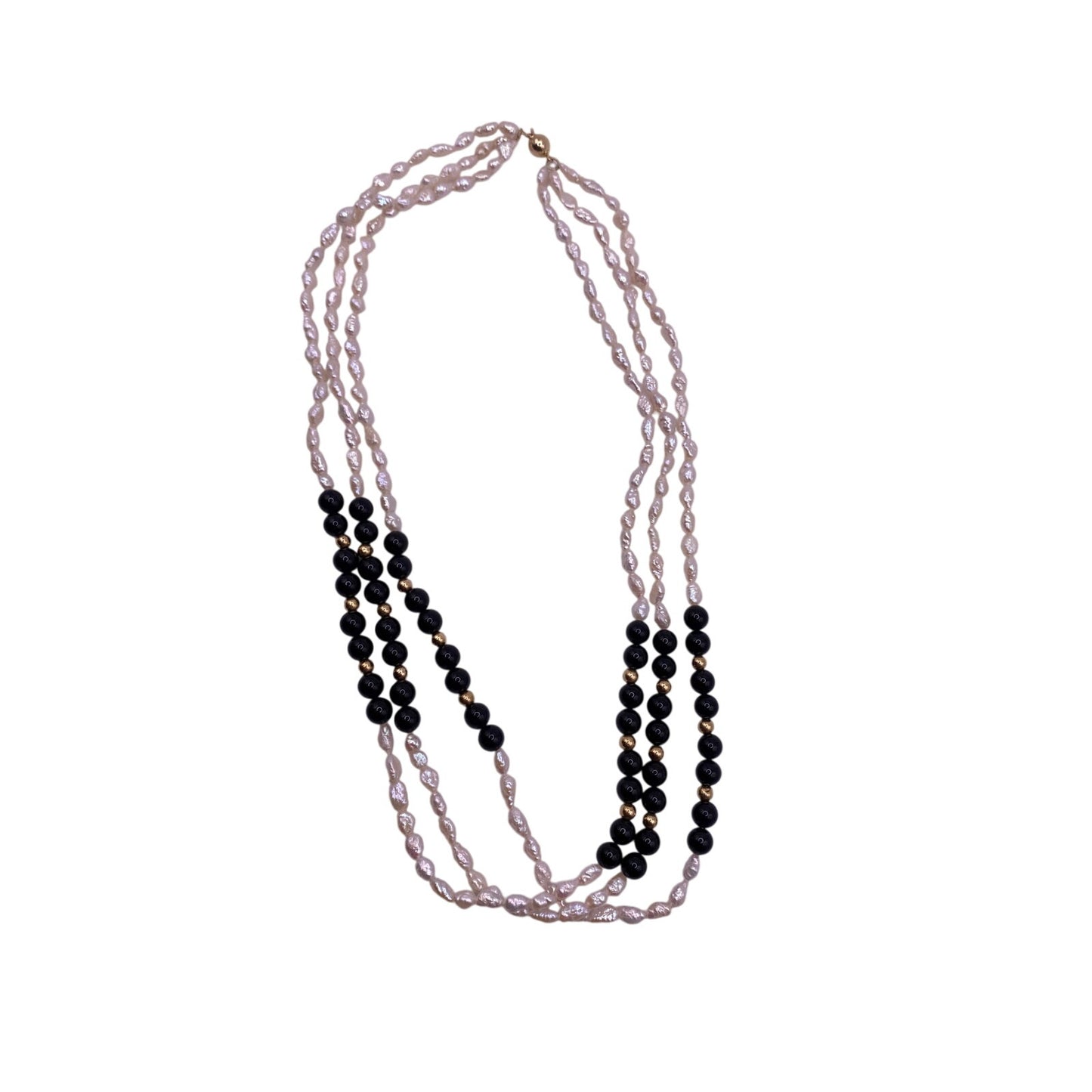 Three Strand 14k Gold Beads and Clasp Rice Mother of Pearl Onyx Necklace 16.5”