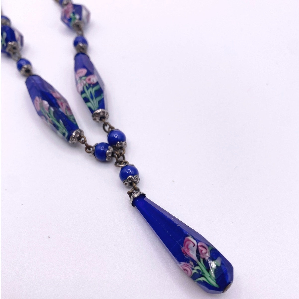 Antique Cobalt Blue Czech Glass Beads Necklace Art Deco 14 inches long Neckline