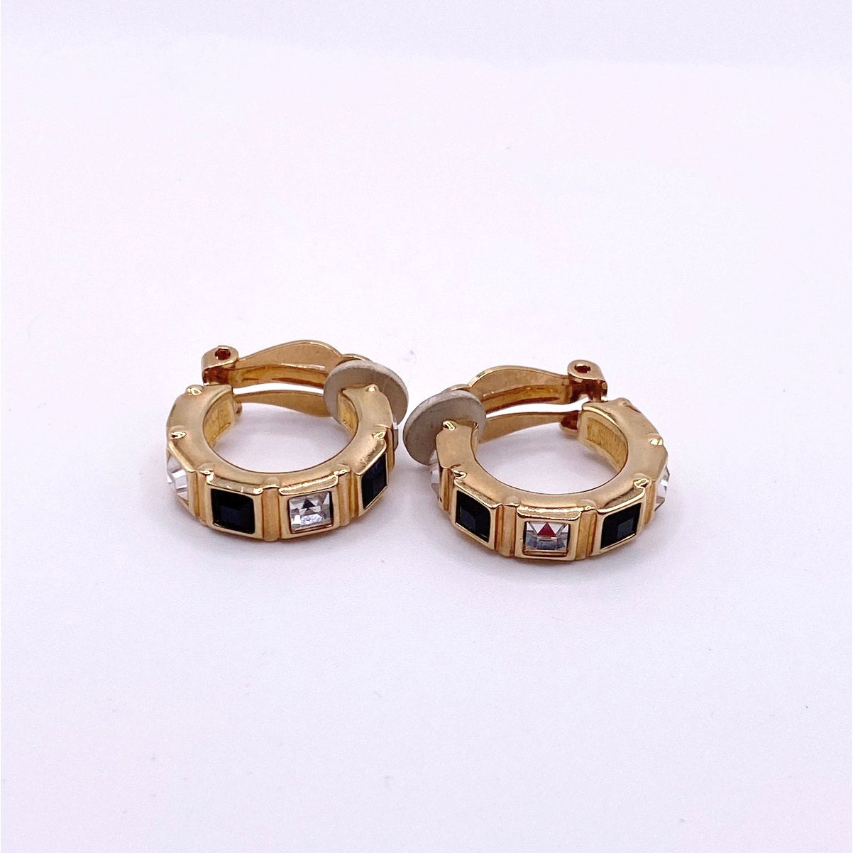 Swarovski Vintage Clip On Earrings Hoops with Black and White Crystals 1”