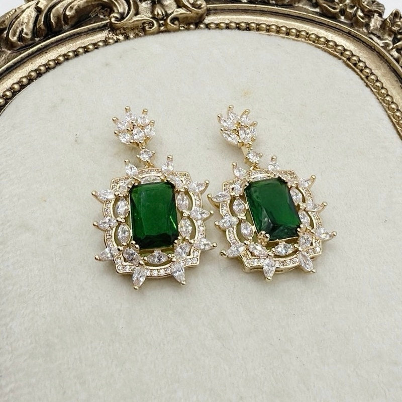 Gold Plated Cubic Zirconia Green Emerald Stone Dangling Earrings 1” Long