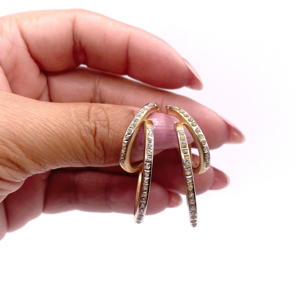 14k Gold Vintage Double Hoop and Diamond Chips Signed SLC