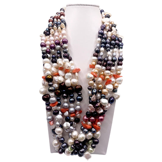 Multicolor Freshwater Pearl Multi strand Necklace Sterling Silver Closure
