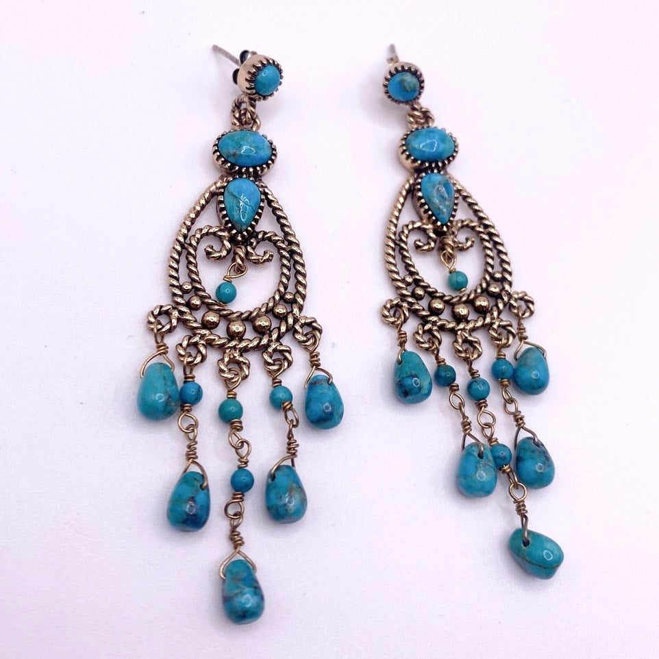 Barse Vintage Gold Filled And Turquoise Chandelier Dangling Studs Earrings 3”